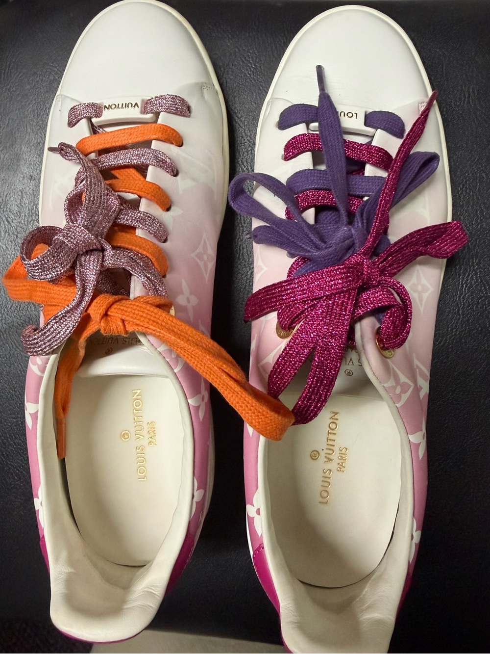Louis Vuitton White & Pink Monogram Low-Top Sneakers with Multicolor Laces 9.5